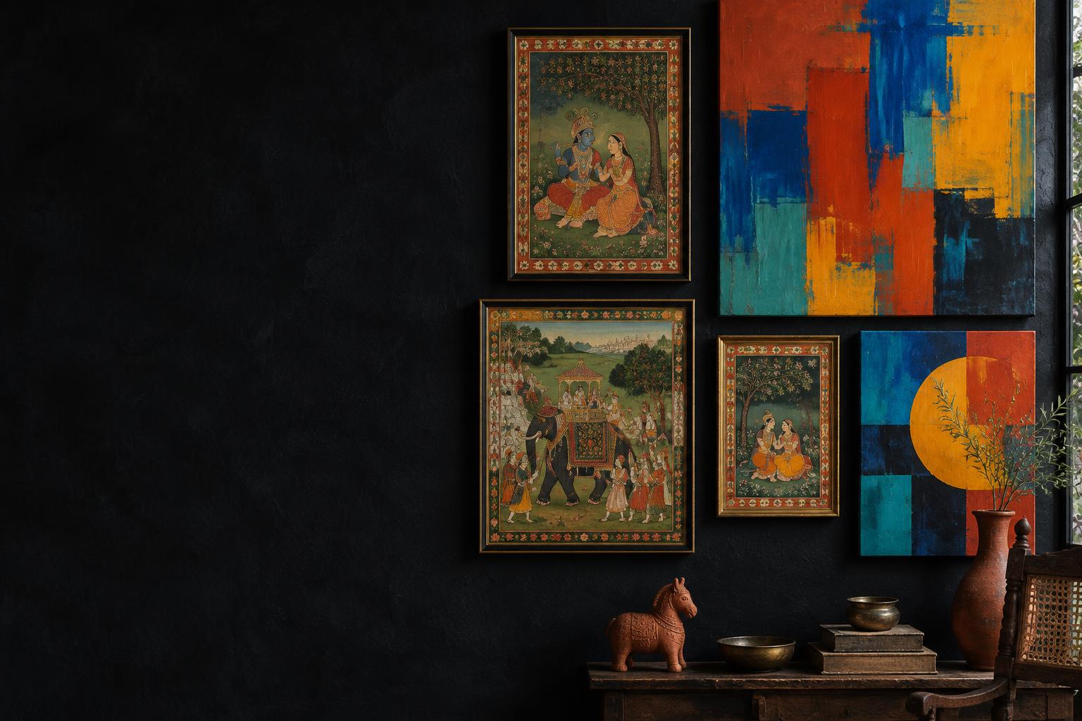 An art-filled studio with miniature paintings and vivid abstract canvases